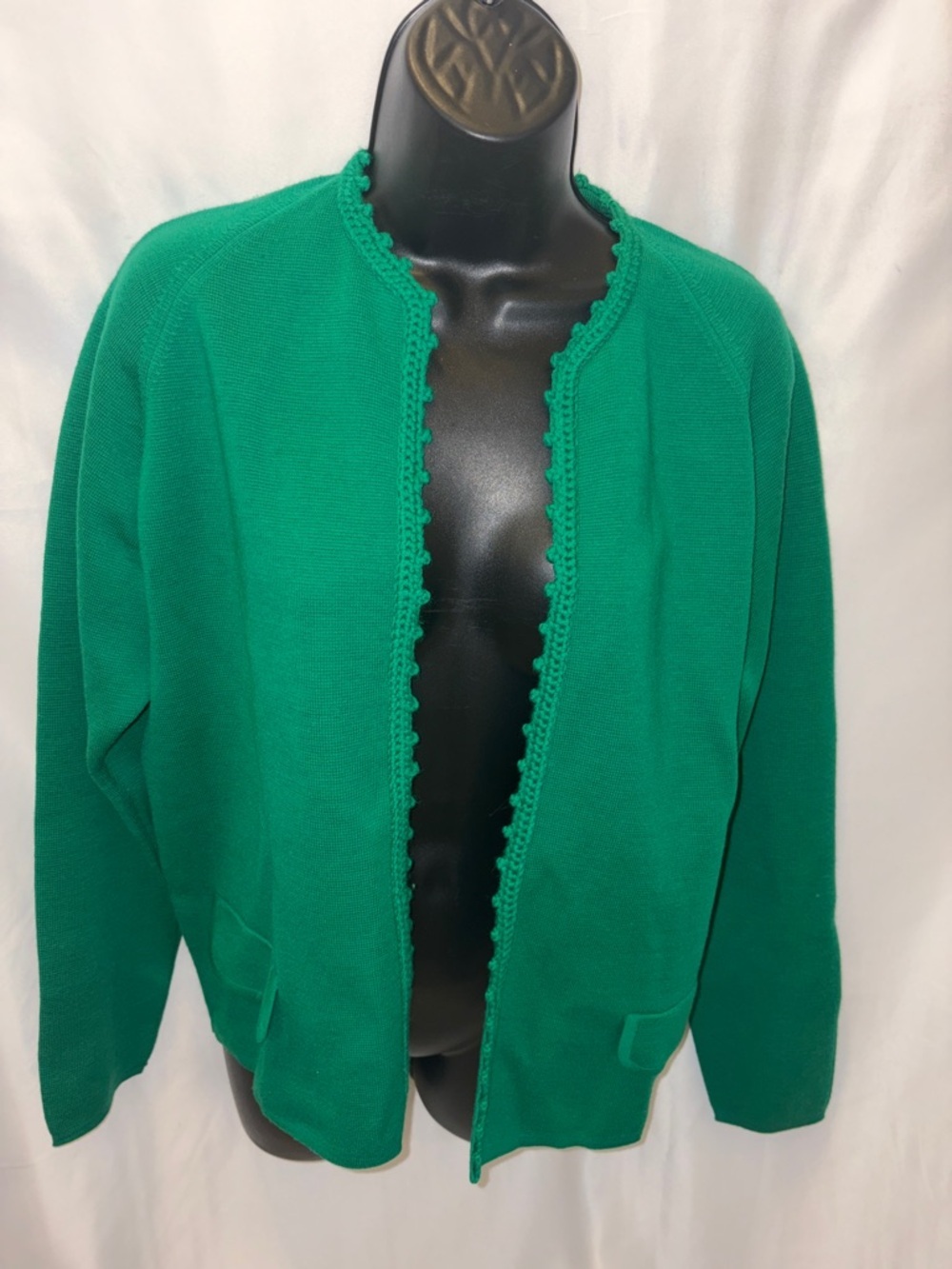 Palio Vintage 100% Wool Cardigan Sweater, open front, Green, sz L, 22” PTP, 24”L